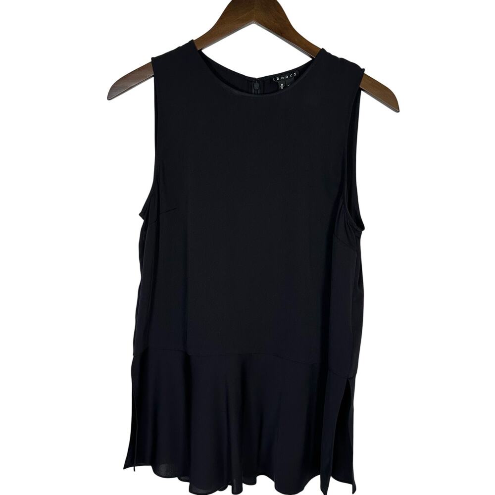 Theory Nicella Modern Black Silk Split Peplum Sleeveless Top M Minimalist Work